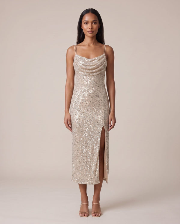 Vestito lungo con paillettes e scollo a cappuccio - Follie by Alice