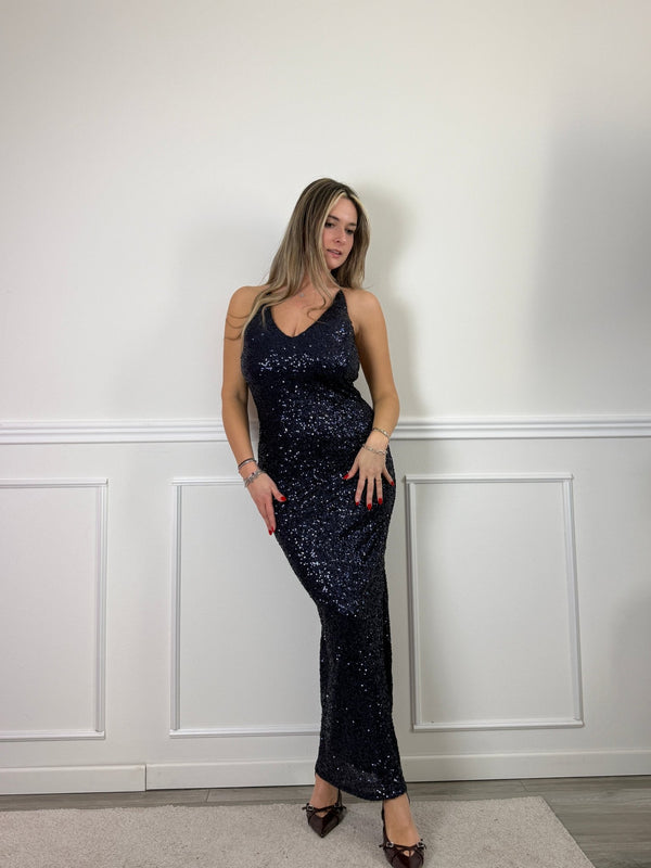 Vestito lungo con paillettes, schiena scoperta e scollo a V - Follie by Alice