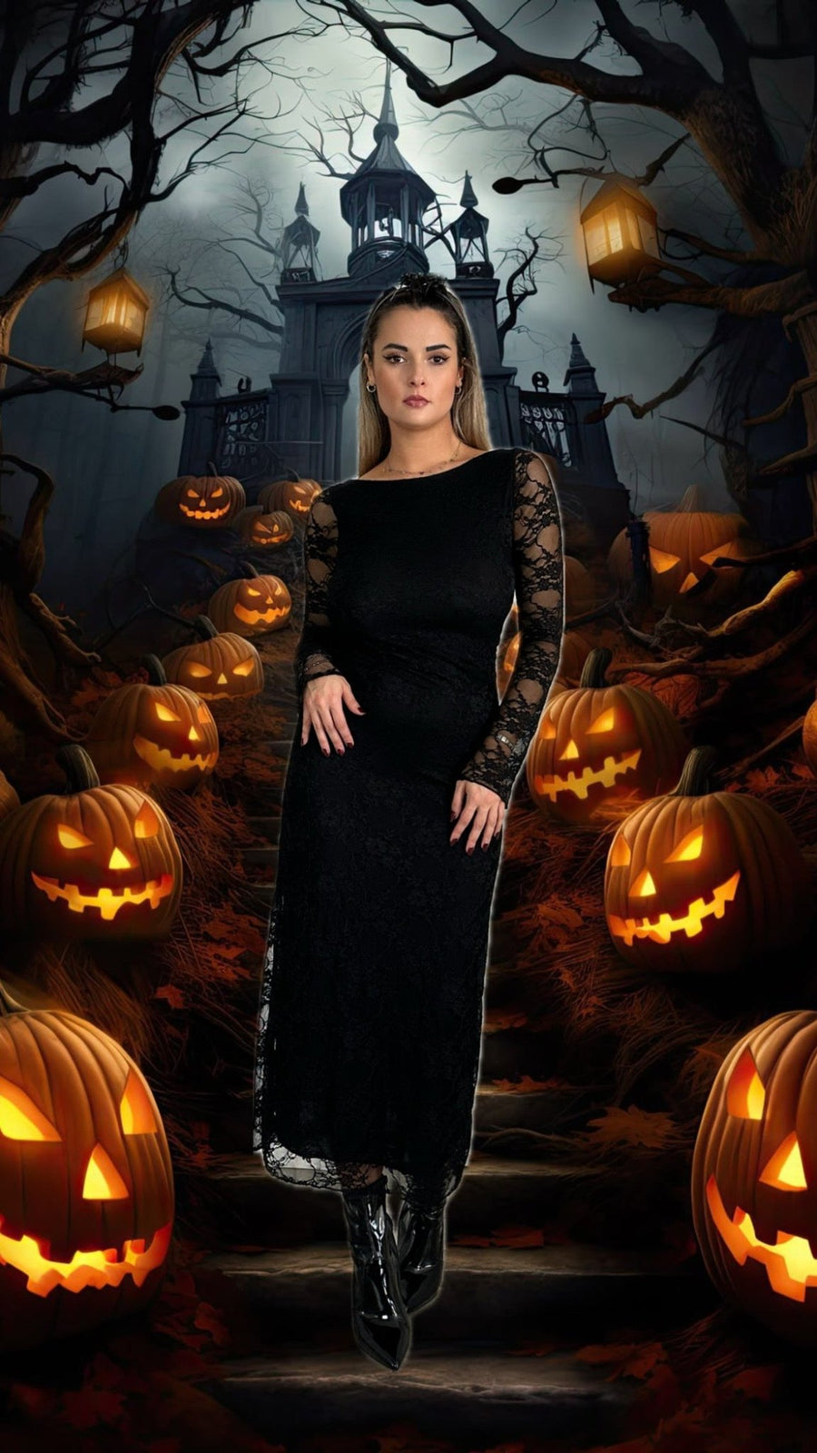 Vestito lungo con ricami in pizzo OPHELIA