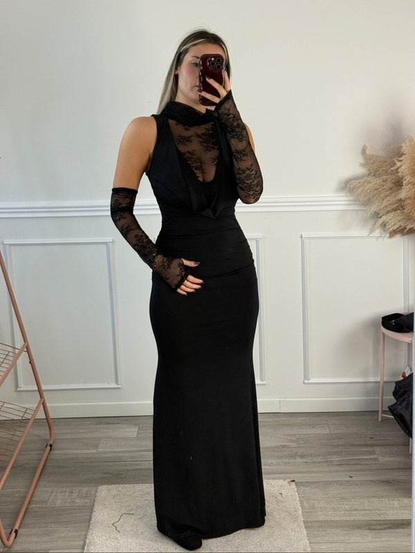 Vestito lungo con scollo drappeggiato, corpetto in pizzo e manicotti - Follie by Alice