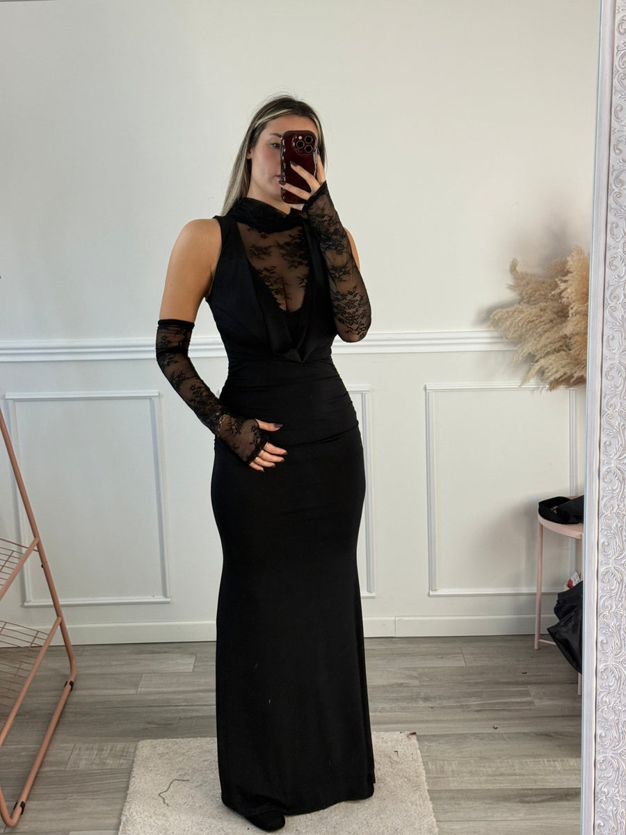 Vestito lungo con scollo drappeggiato, corpetto in pizzo e manicotti