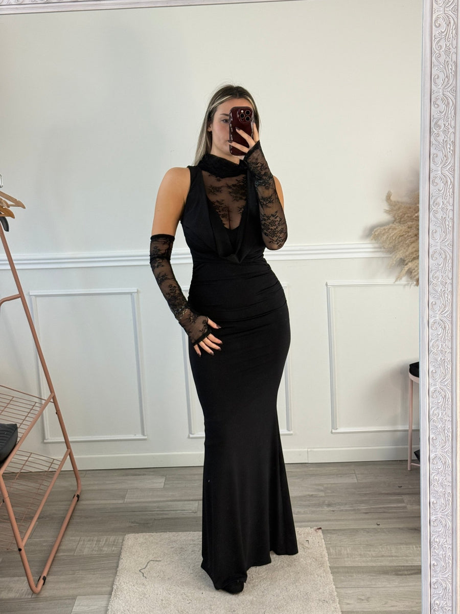 Vestito lungo con scollo drappeggiato, corpetto in pizzo e manicotti – alternate