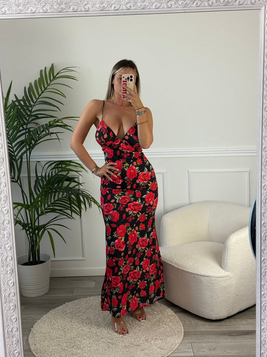 Vestito lungo con stampa a rose rosse e scollo profondo