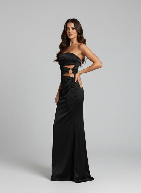 Vestito lungo cut - out a fascia in raso con morsetto dorato - Follie by Alice