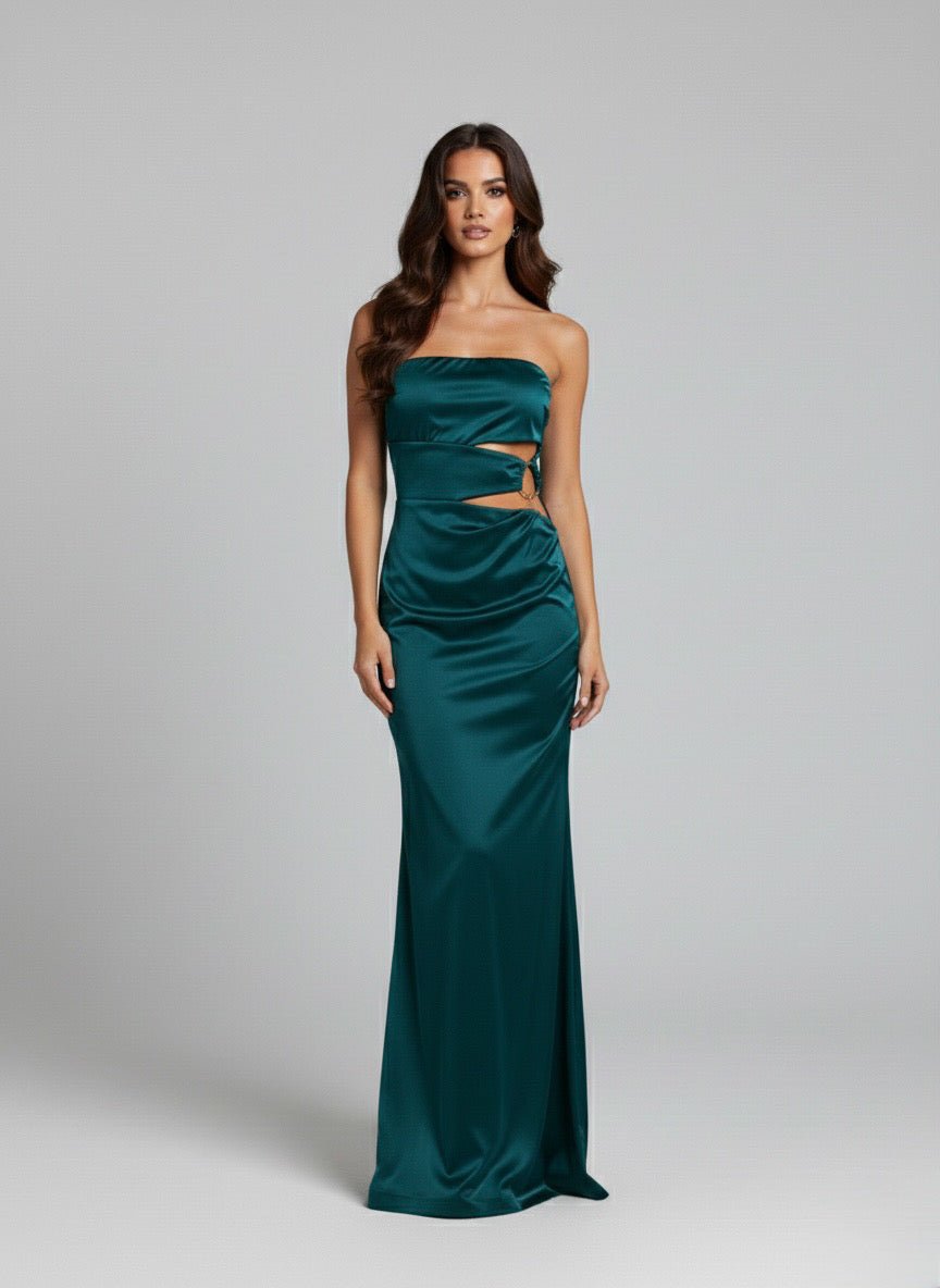 Vestito lungo cut-out a fascia in raso con morsetto dorato