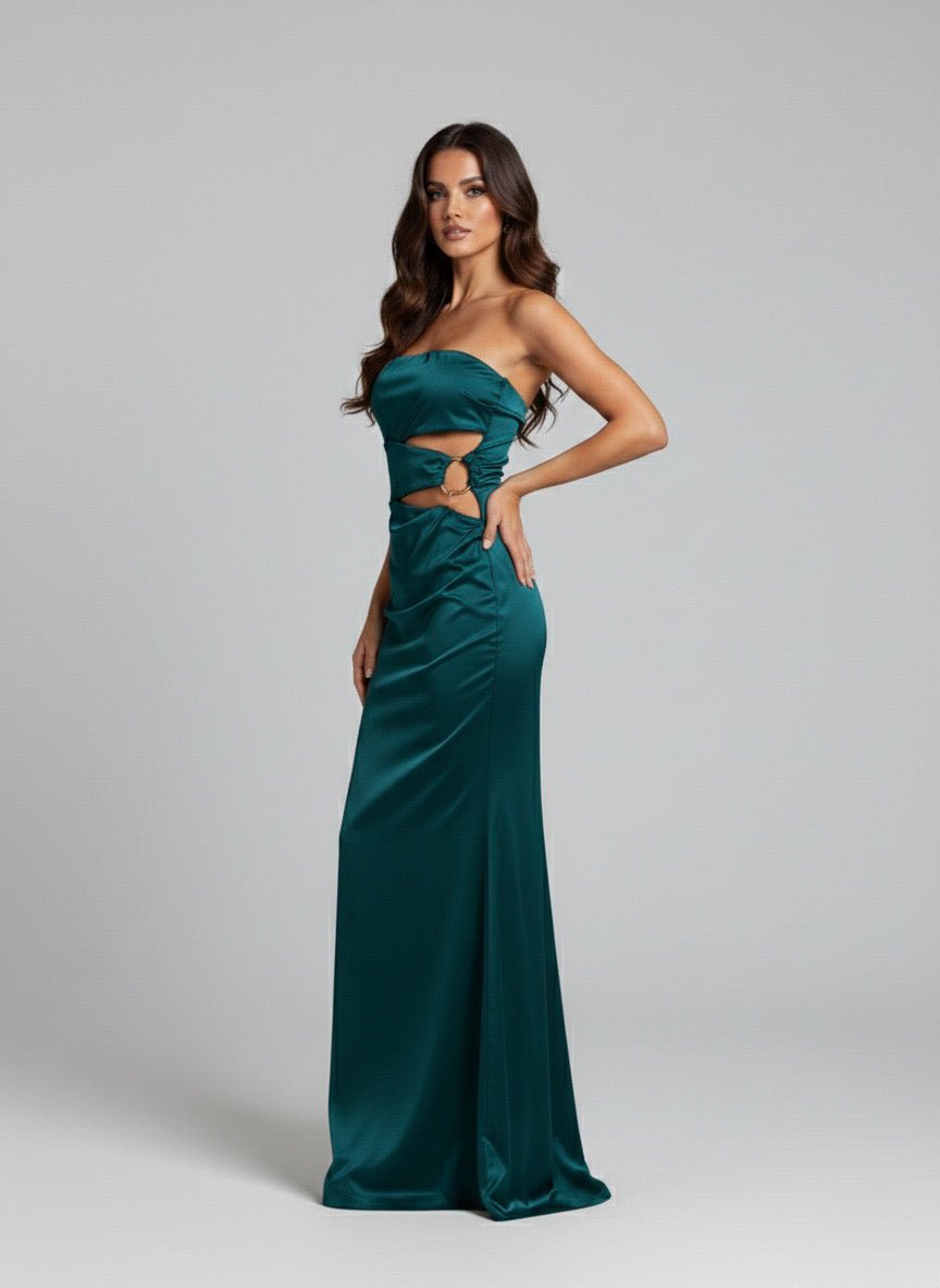 Vestito lungo cut-out a fascia in raso con morsetto dorato – alternate