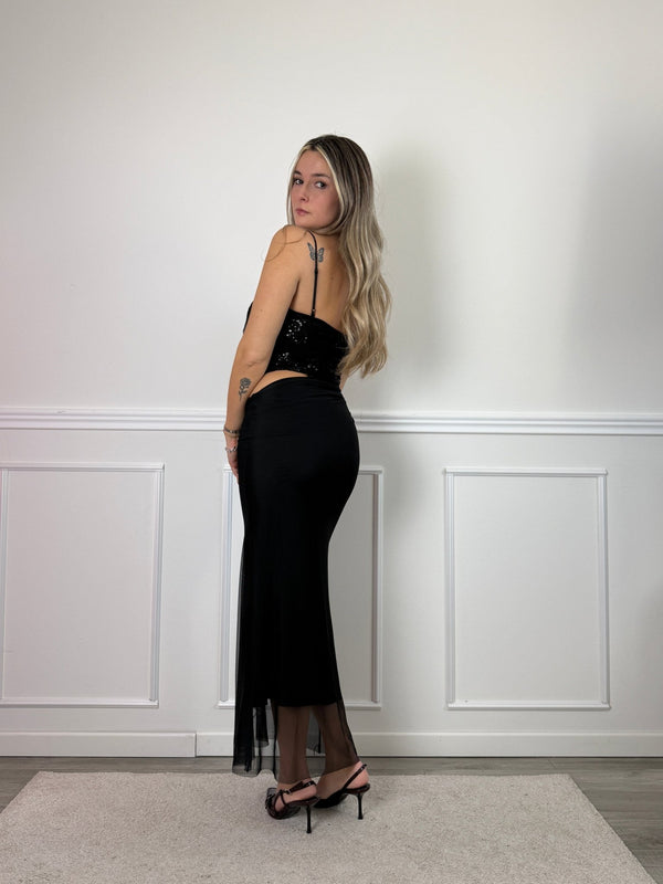Vestito lungo cut - out con body con paillettes e gonna in tulle - Follie by Alice