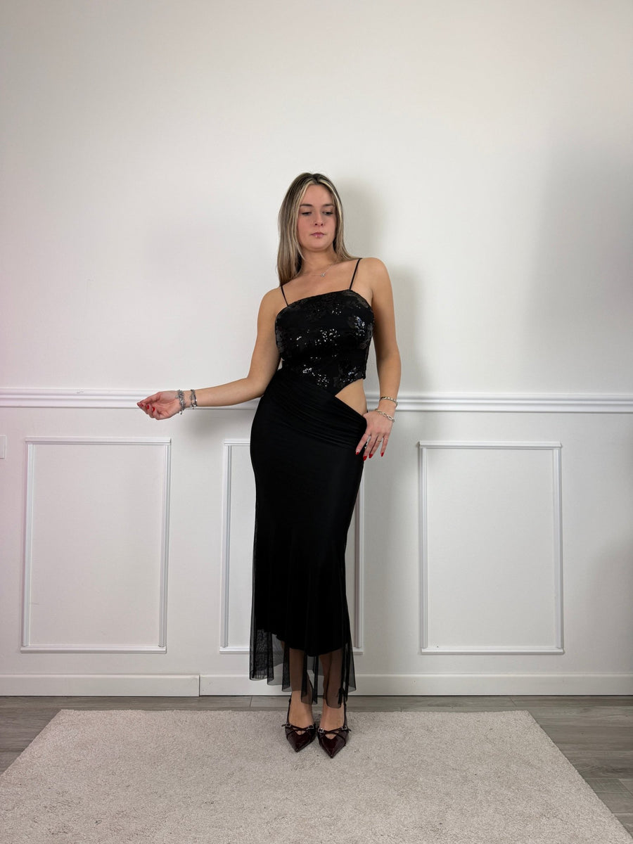 Vestito lungo cut-out con body con paillettes e gonna in tulle – alternate