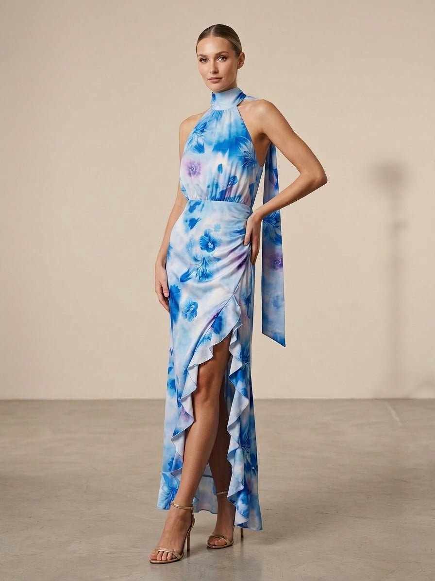 Vestito lungo cut-out floreale acquerello con scollo all'americana e spacco