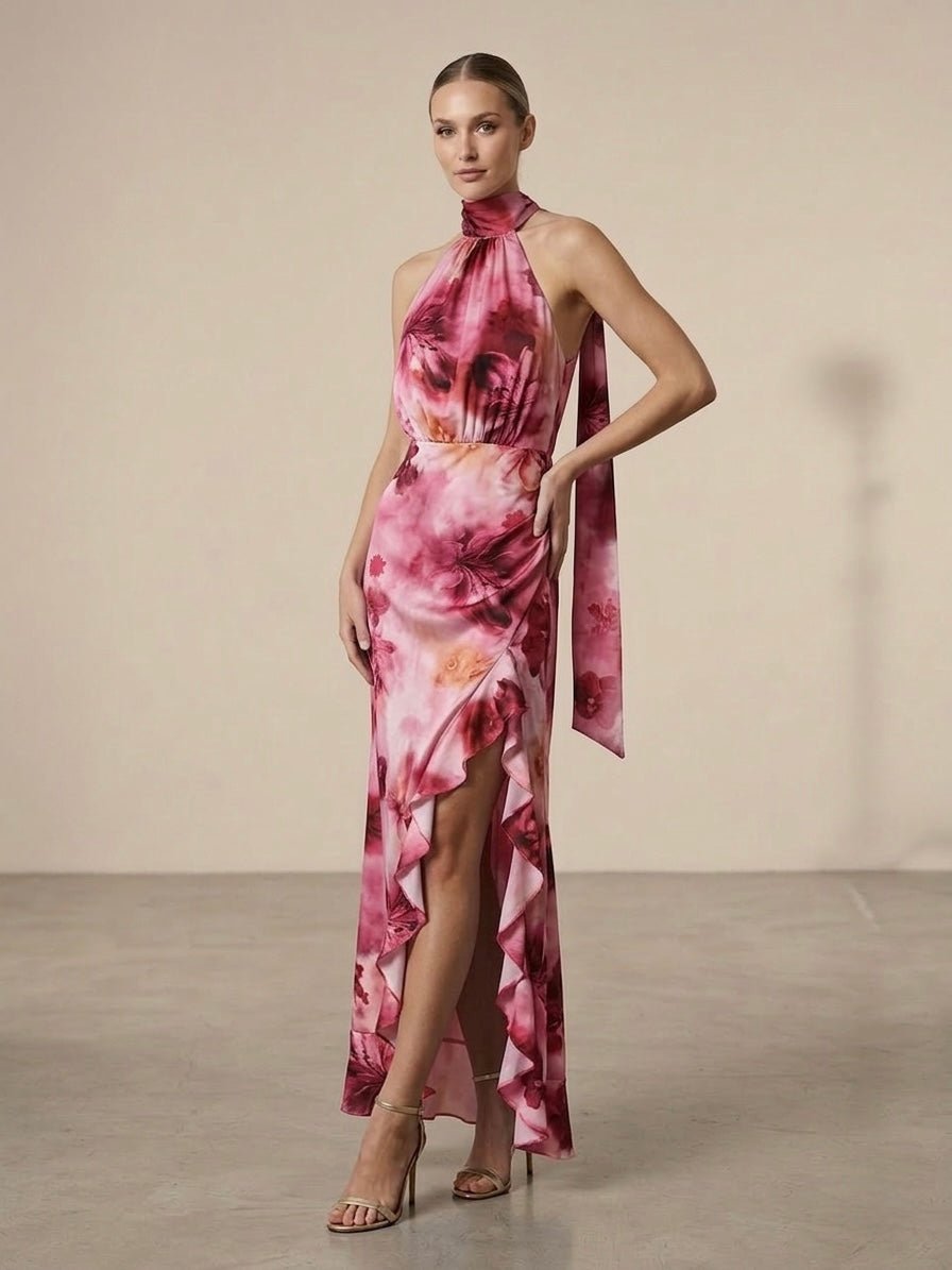Vestito lungo cut - out floreale acquerello con scollo all'americana e spacco - Follie by Alice