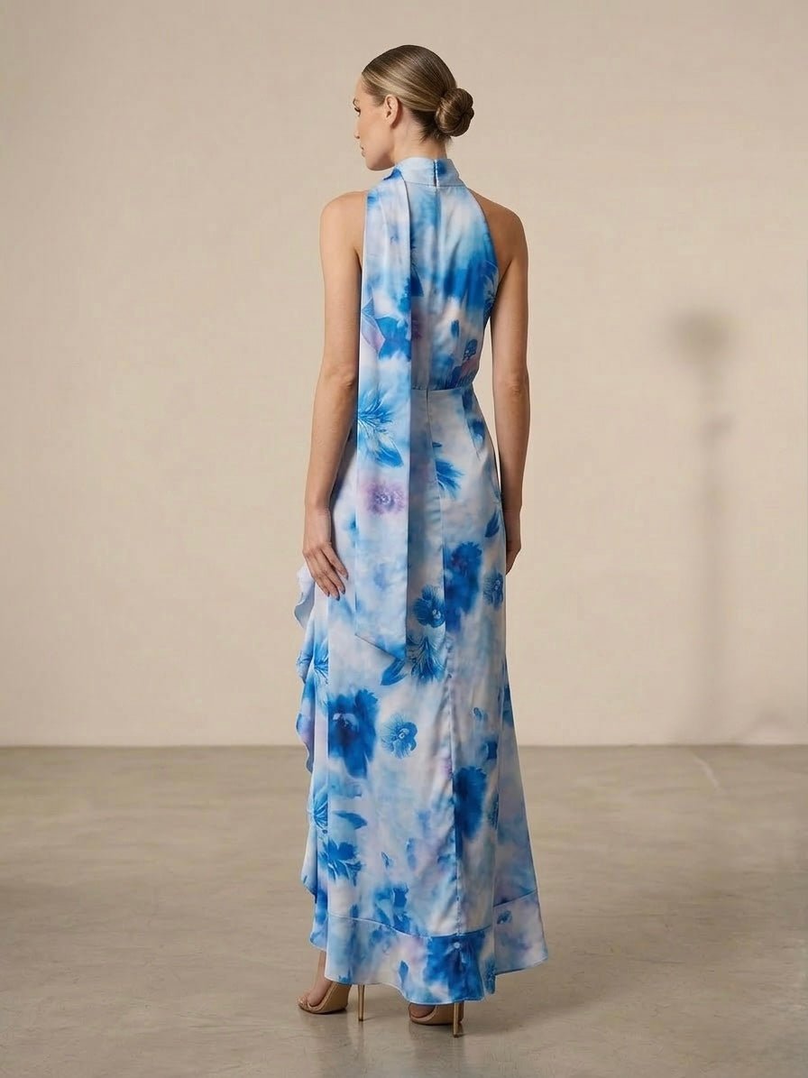 Vestito lungo cut-out floreale acquerello con scollo all'americana e spacco – alternate