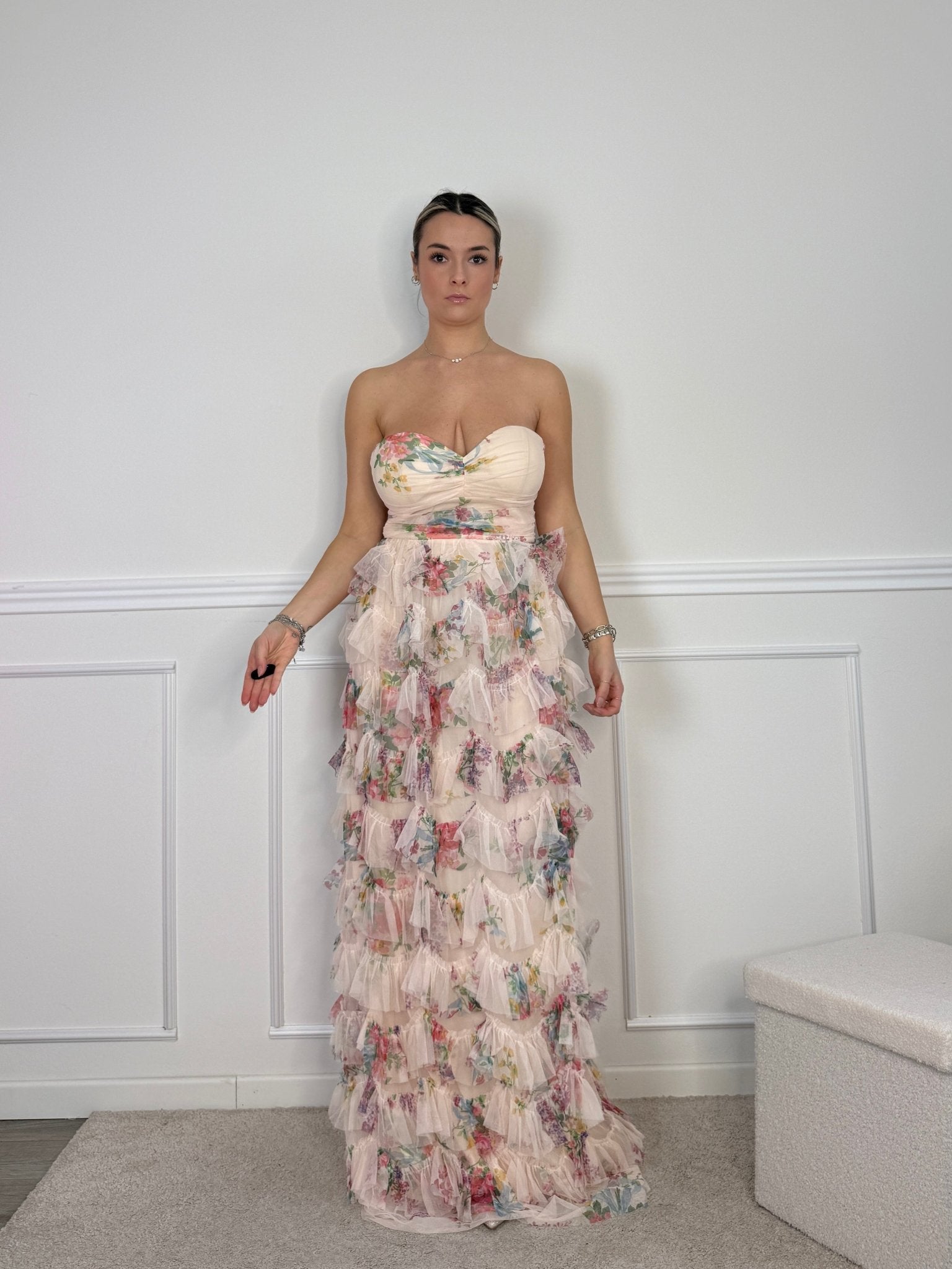 Vestito lungo floreale a balze con corpetto a cuore - Follie by Alice
