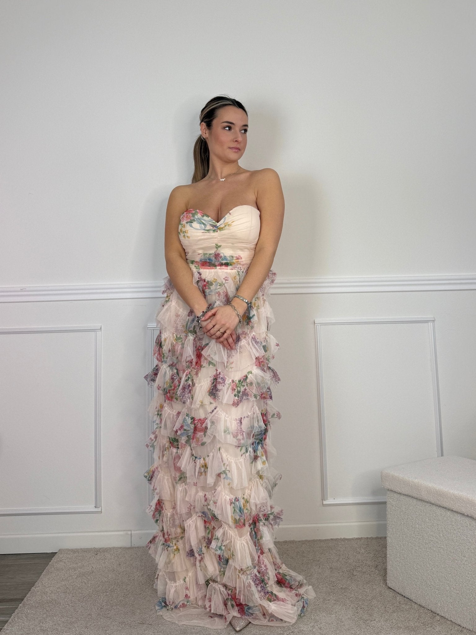 Vestito lungo floreale a balze con corpetto a cuore - Follie by Alice