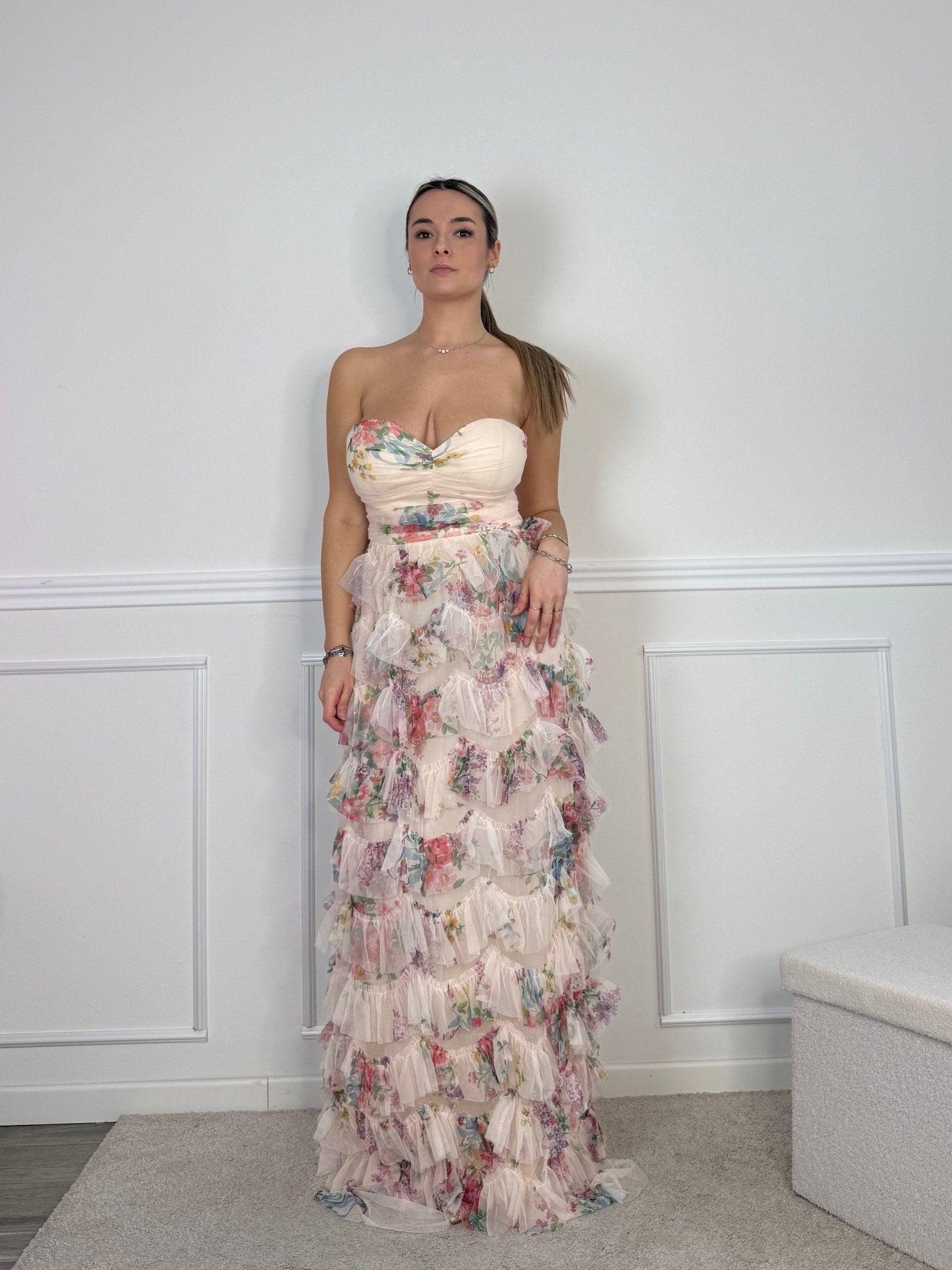 Vestito lungo floreale a balze con corpetto a cuore - Follie by Alice