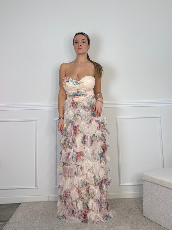 Vestito lungo floreale a balze con corpetto a cuore - Follie by Alice