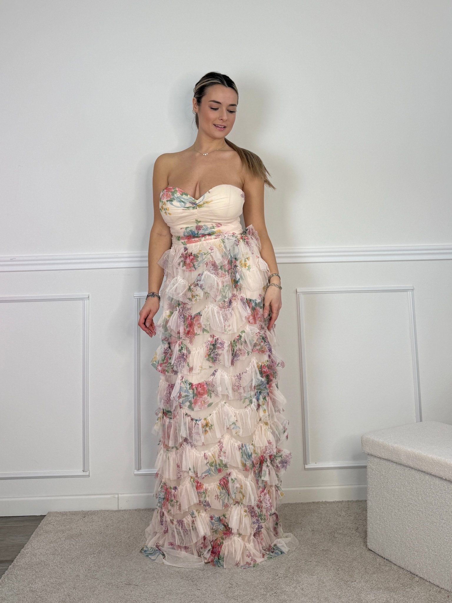 Vestito lungo floreale a balze con corpetto a cuore - Follie by Alice