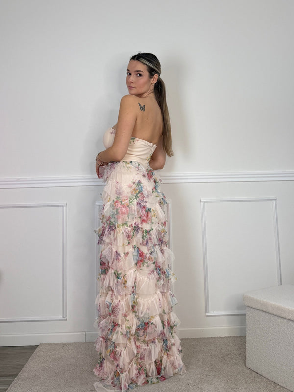 Vestito lungo floreale a balze con corpetto a cuore - Follie by Alice
