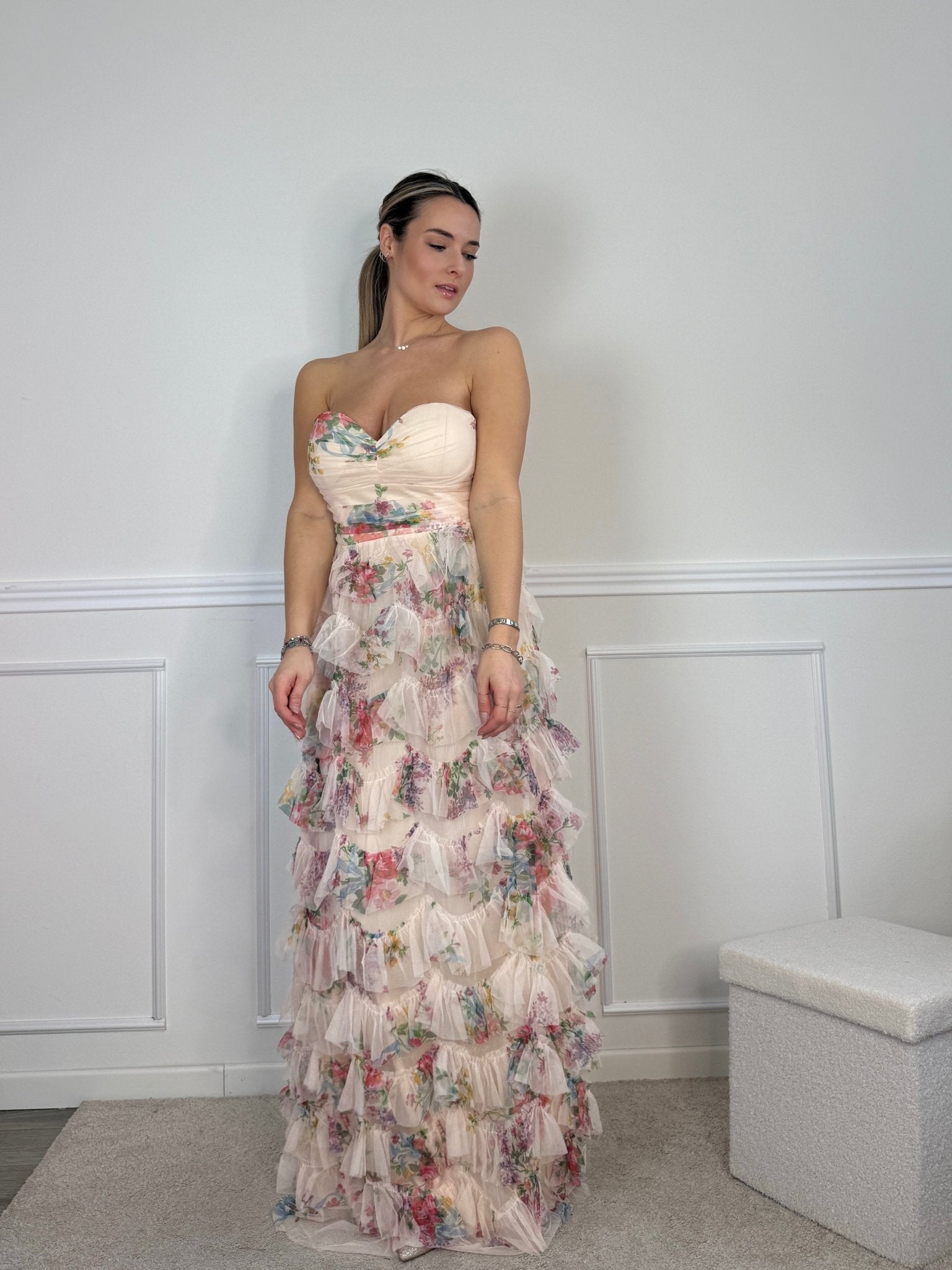 Vestito lungo floreale a balze con corpetto a cuore - Follie by Alice