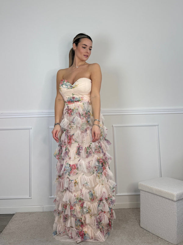 Vestito lungo floreale a balze con corpetto a cuore - Follie by Alice