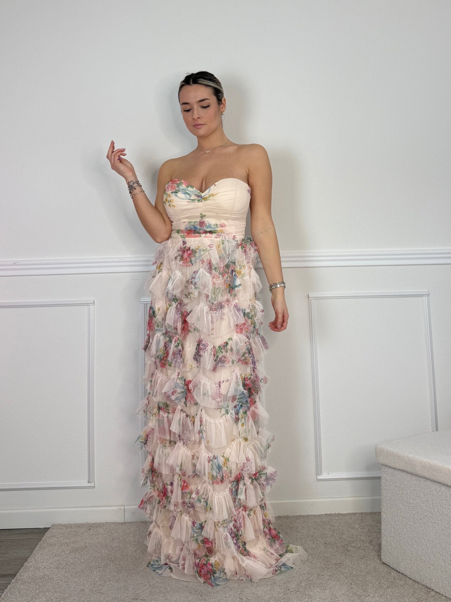 Vestito lungo floreale a balze con corpetto a cuore - Follie by Alice