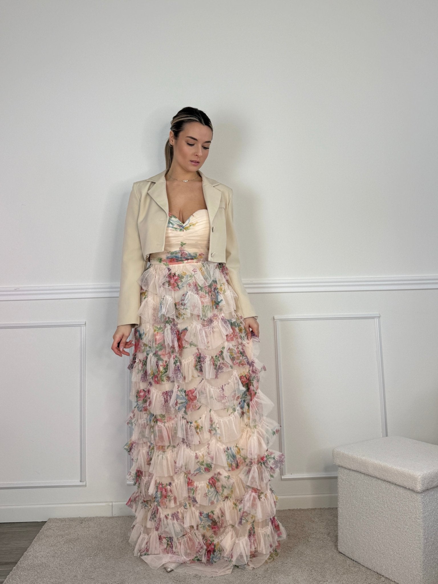 Vestito lungo floreale a balze con corpetto a cuore - Follie by Alice