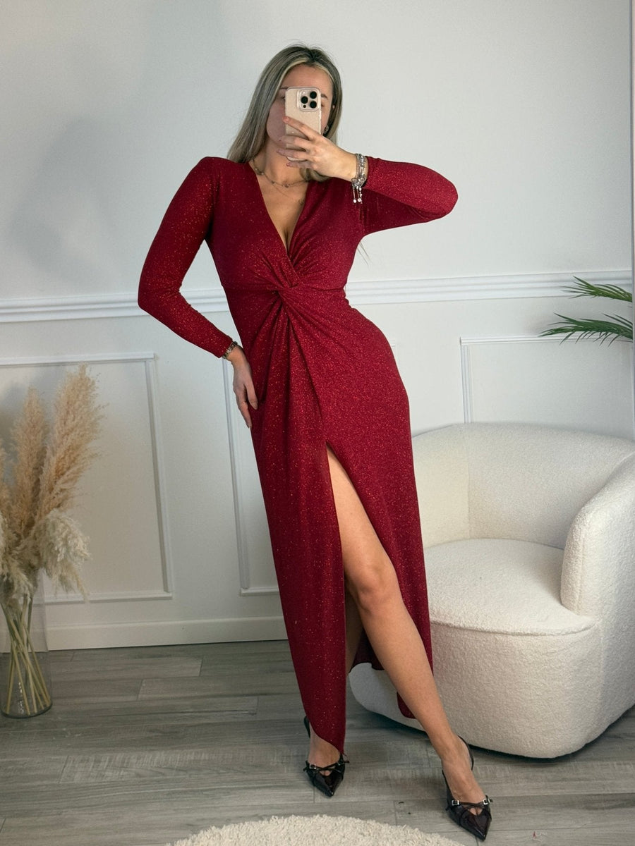 Vestito lungo glitterato a maniche lunghe con spacco e scollo a V