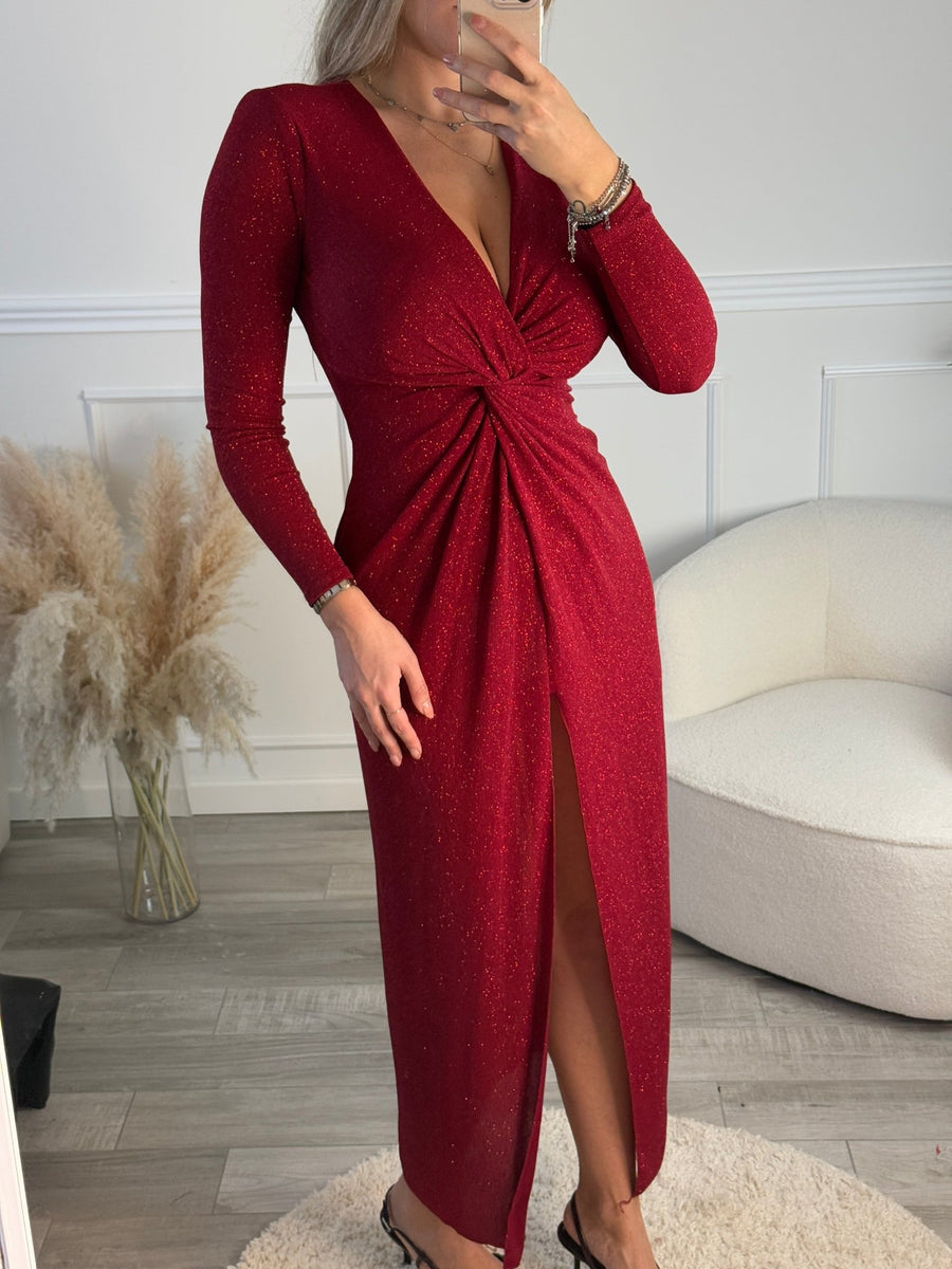 Vestito lungo glitterato a maniche lunghe con spacco e scollo a V – alternate