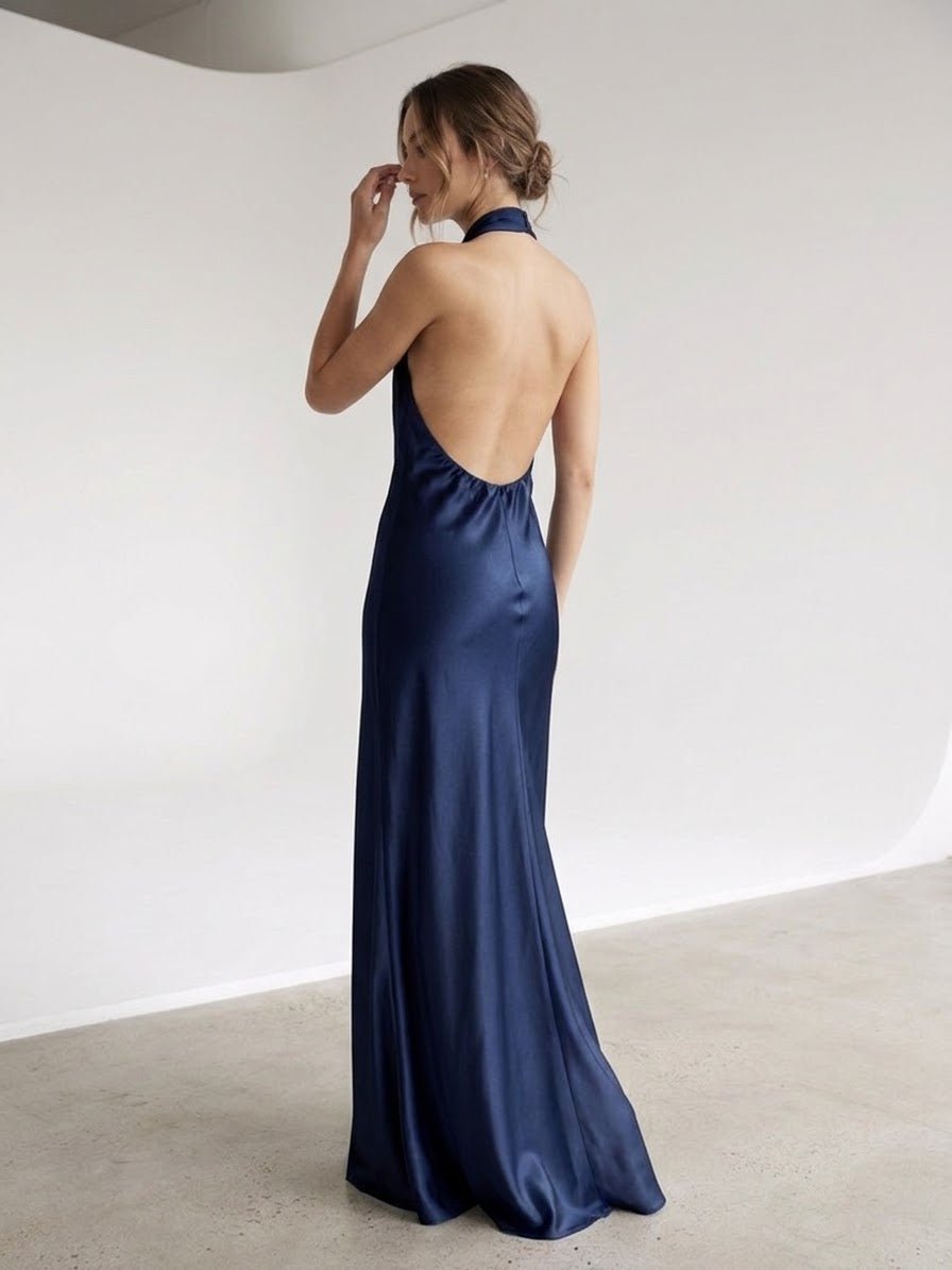 Vestito lungo halter in raso con schiena scoperta AZURE - Follie by Alice
