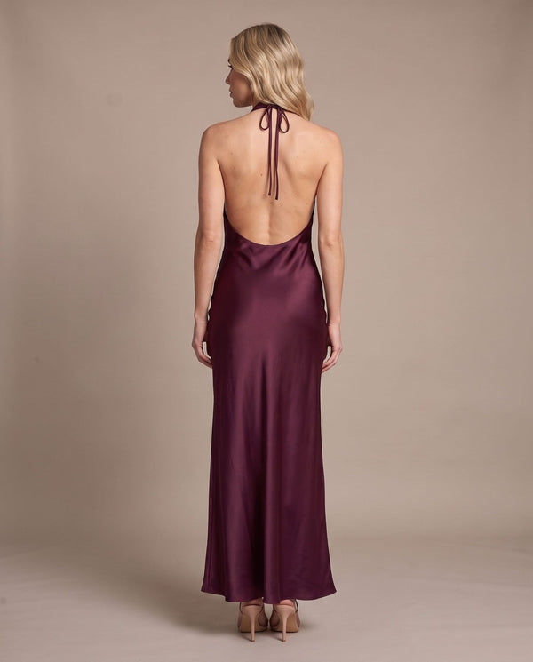 Vestito lungo halter in raso con schiena scoperta AZURE - Follie by Alice