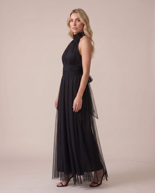 Vestito lungo halter in tulle con fiocco sulla schiena CAMELIA - Follie by Alice