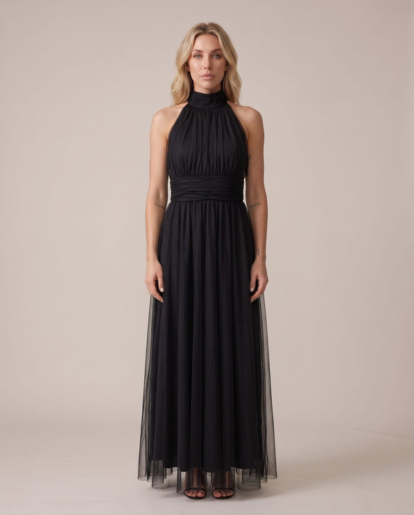 Vestito lungo halter in tulle con fiocco sulla schiena CAMELIA - Follie by Alice