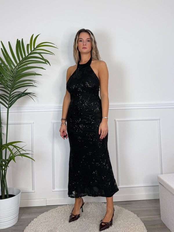 Vestito lungo halter in tulle ricamato con paillettes DUCHESSA - Follie by Alice