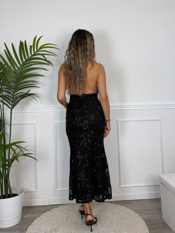 Vestito lungo halter in tulle ricamato con paillettes DUCHESSA - Follie by Alice