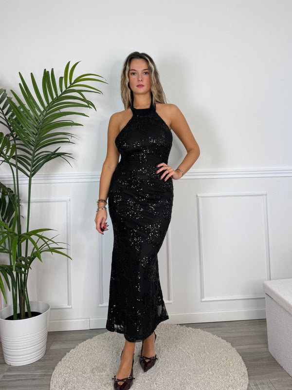 Vestito lungo halter in tulle ricamato con paillettes DUCHESSA - Follie by Alice