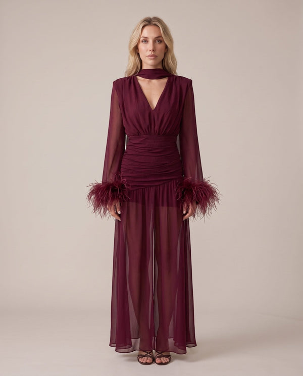 Vestito lungo in chiffon bordato di piume ODILE - Follie by Alice
