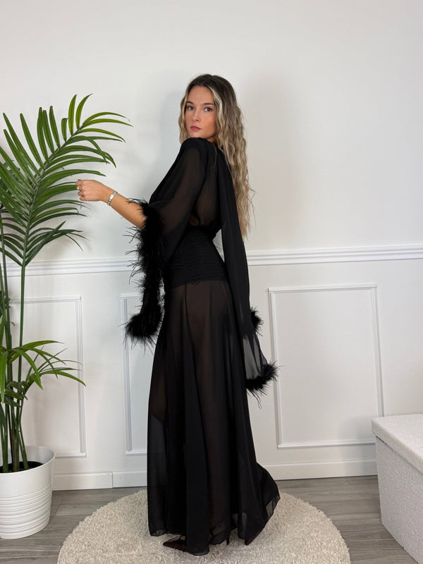 Vestito lungo in chiffon bordato di piume ODILE - Follie by Alice