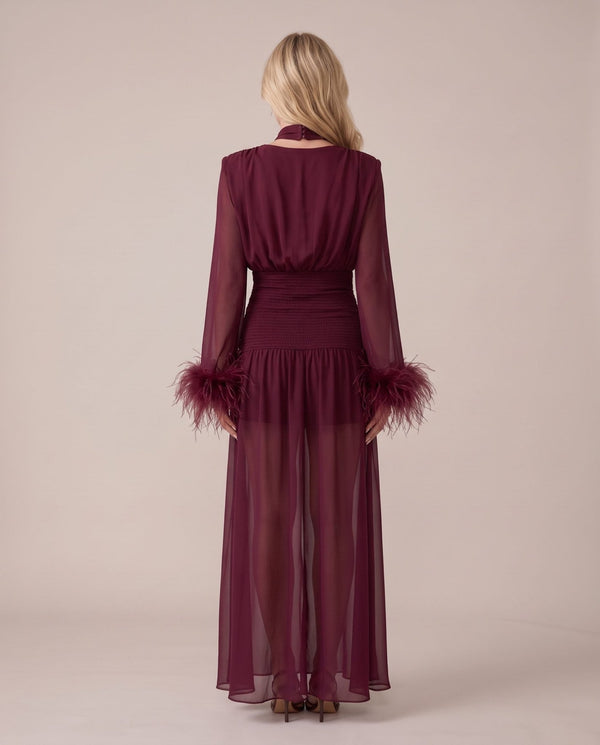 Vestito lungo in chiffon bordato di piume ODILE - Follie by Alice