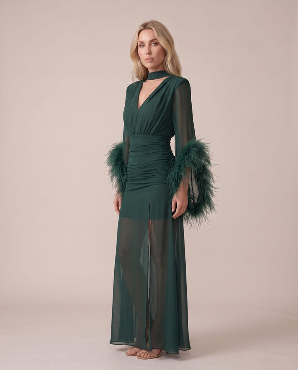 Vestito lungo in chiffon bordato di piume ODILE - Follie by Alice