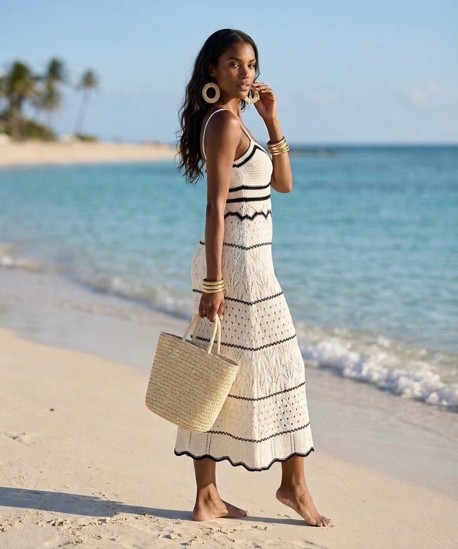 Vestito lungo in crochet a righe geometriche POSITANO - Follie by Alice