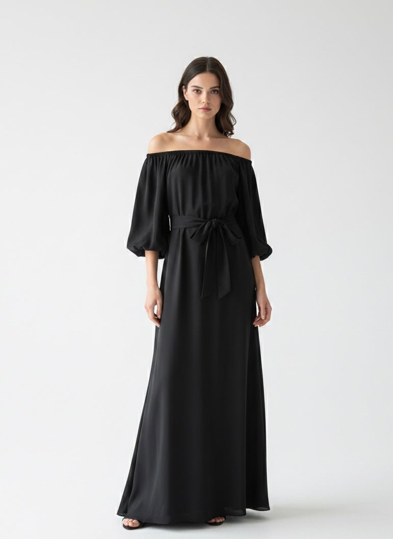 Vestito lungo in raso a fascia con maniche 3/4 a palloncino - Follie by Alice