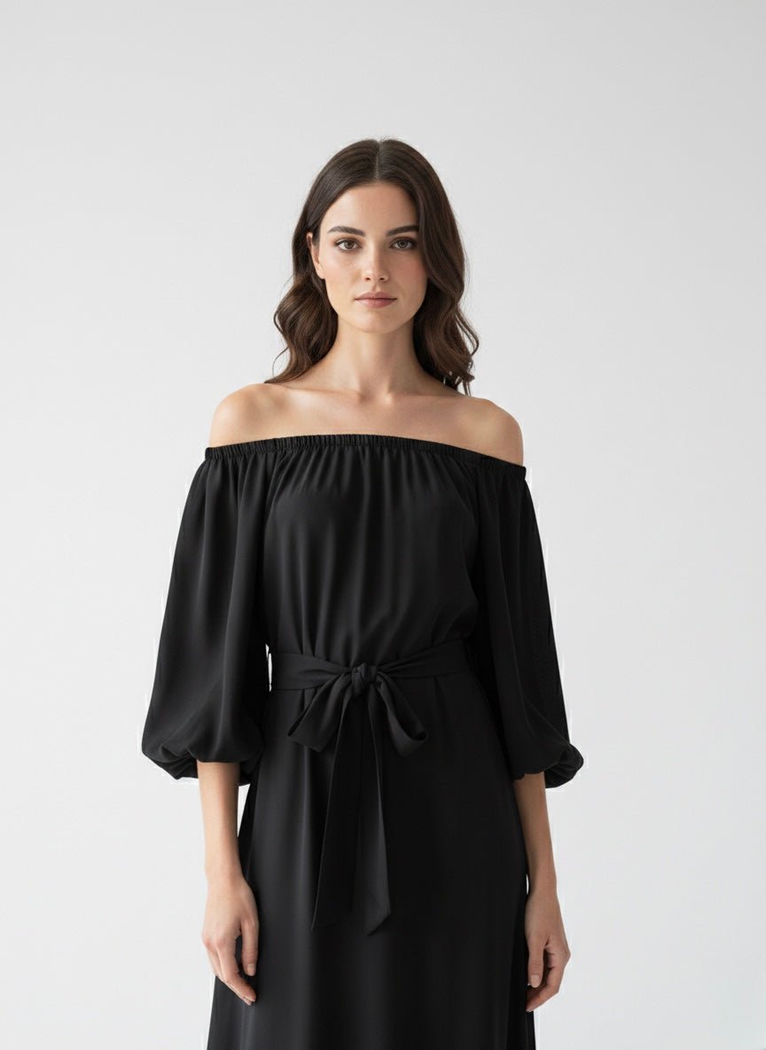 Vestito lungo in raso a fascia con maniche 3/4 a palloncino - Follie by Alice