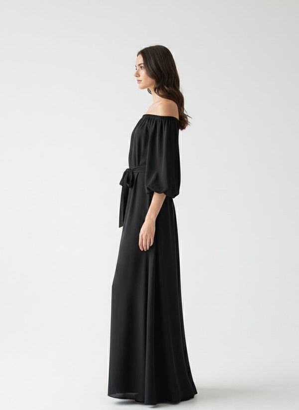 Vestito lungo in raso a fascia con maniche 3/4 a palloncino - Follie by Alice