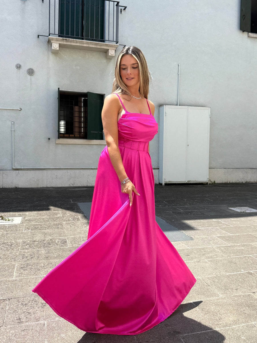 Vestito lungo in raso con corpetto a barchetta MAREA – alternate