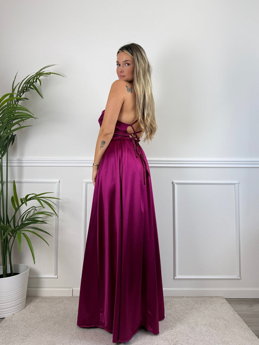 Vestito lungo in raso con corpetto a barchetta MAREA – alternate