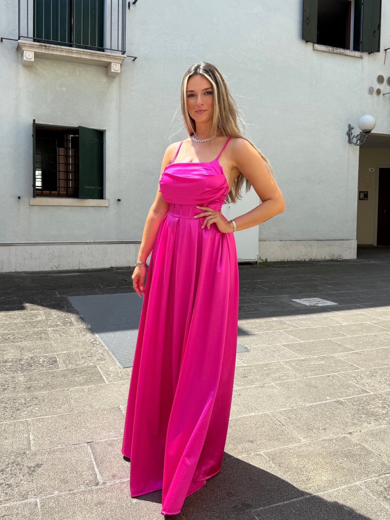 Vestito lungo in raso con corpetto a barchetta MAREA - Follie by Alice