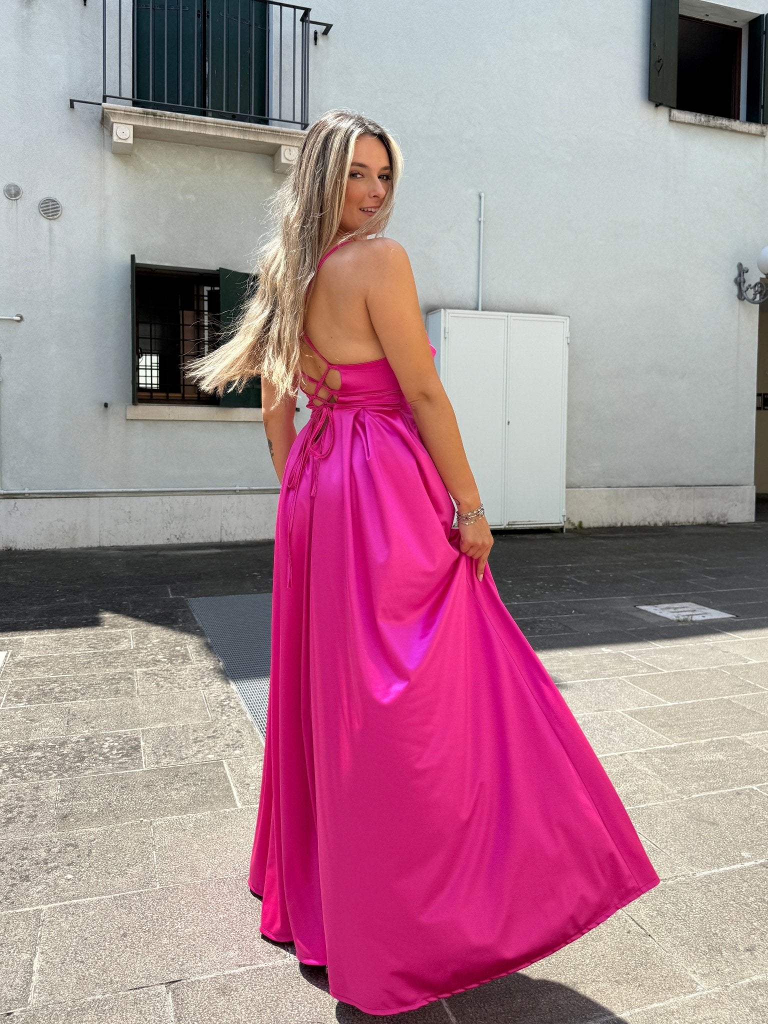 Vestito lungo in raso con corpetto a barchetta MAREA - Follie by Alice