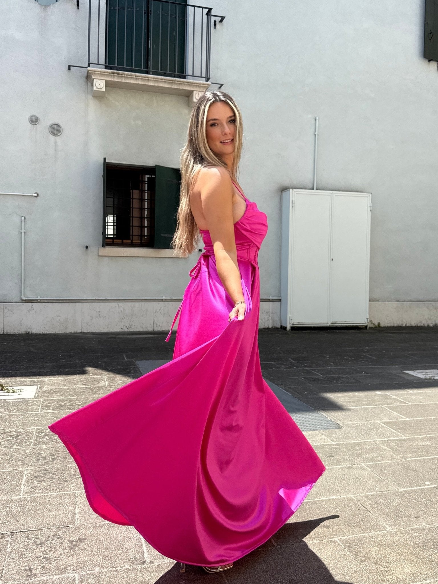 Vestito lungo in raso con corpetto a barchetta MAREA - Follie by Alice