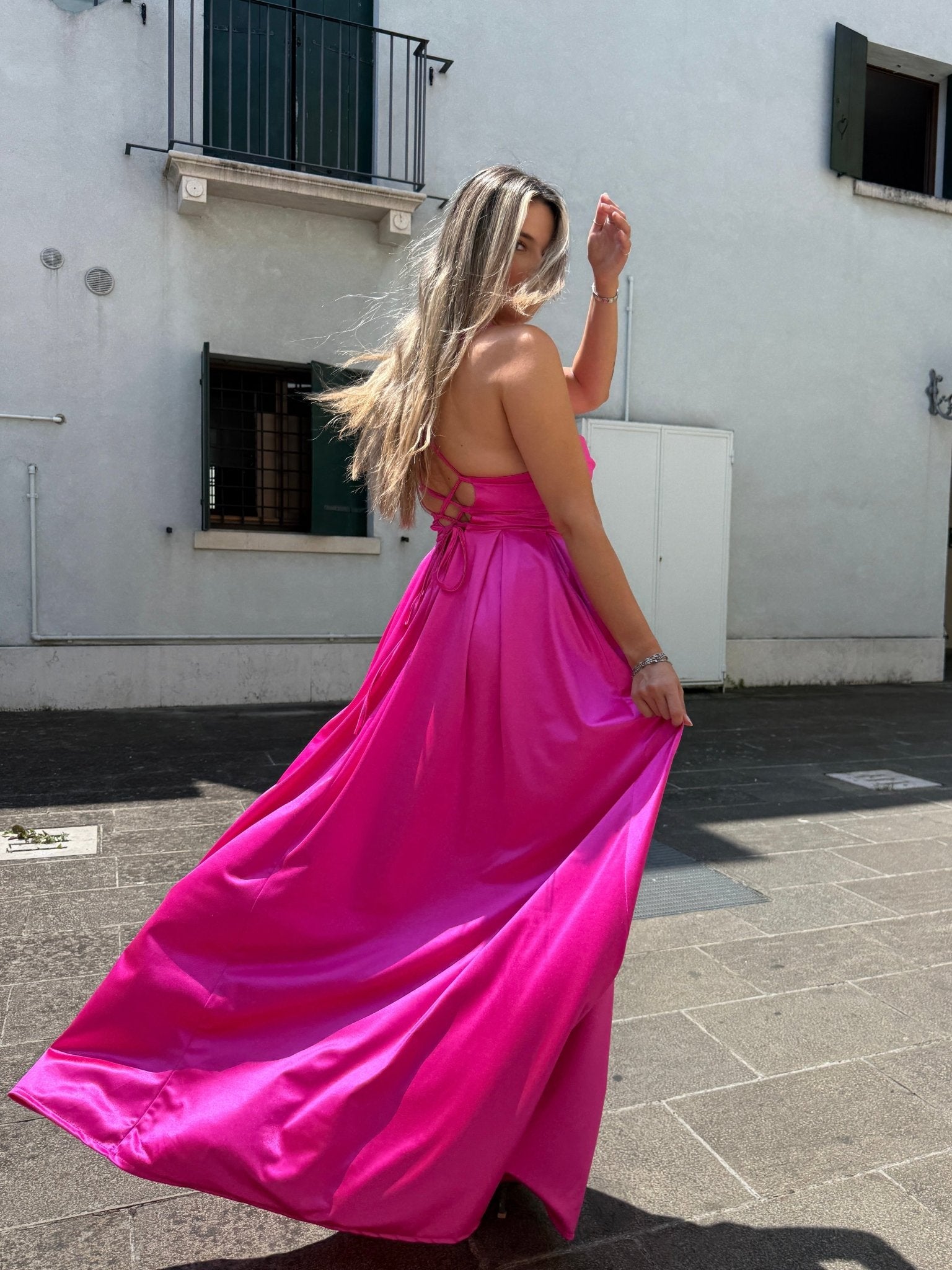 Vestito lungo in raso con corpetto a barchetta MAREA - Follie by Alice