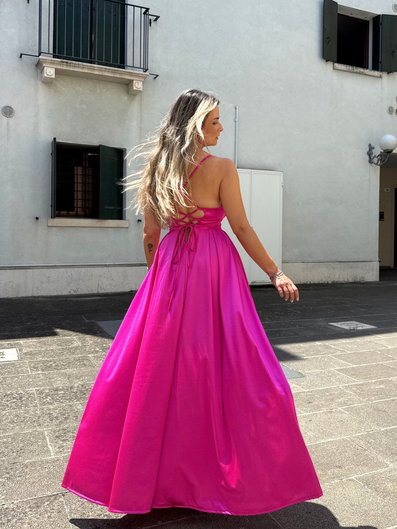 Vestito lungo in raso con corpetto a barchetta MAREA - Follie by Alice