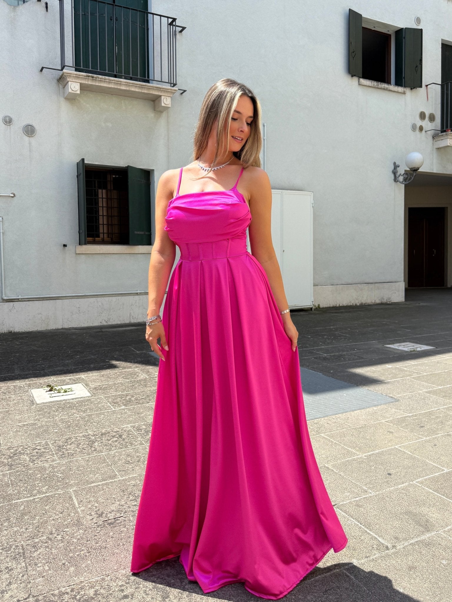 Vestito lungo in raso con corpetto a barchetta MAREA - Follie by Alice